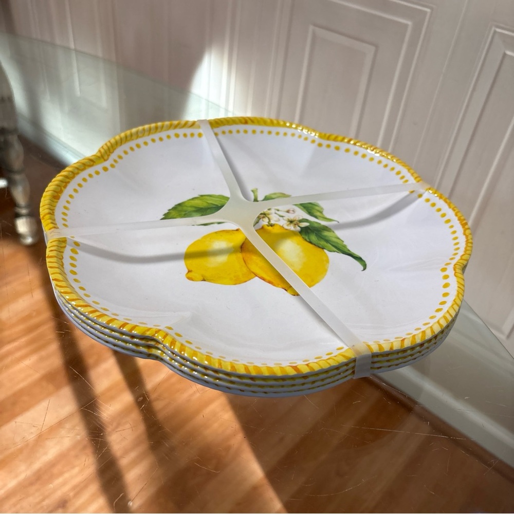 Set 4 CHERRIES 11” Scalloped Dinner Plates Melamine Spring Floral Lemon 🍋 Fruit